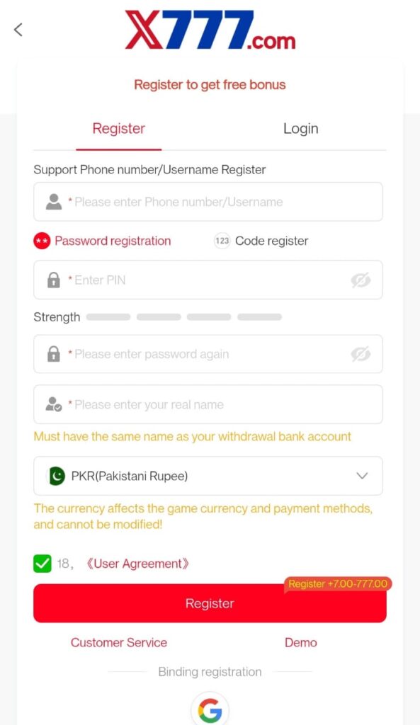 x777 Game APK main interface showing easy navigation and real money play options