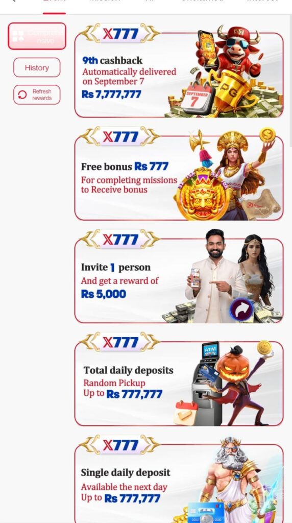 x777 Game APK main interface showing easy navigation and real money play options